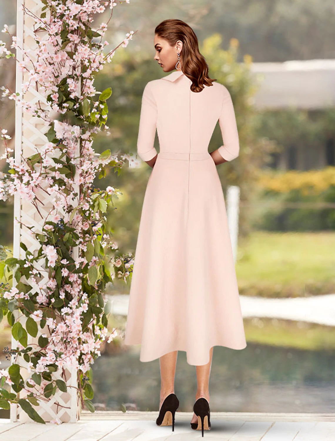 Wholesale  Sheath / Column Mother of the Bride Dress Minimalist Sweet Scoop Neck Tea Length Satin 3/4 Length Sleeve with Pleats Solid